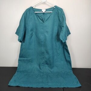 Pure Jill J Jill Garment Dyed Linen Dress XL Teal Green S Sleeve Shift Lagenlook